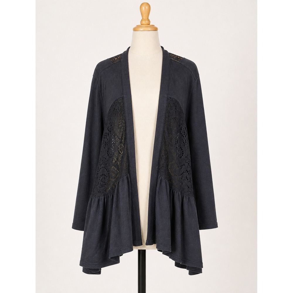 LOGO Lavish Open Front Lace Panel Cardigan Women's Large Black Peplum Hem